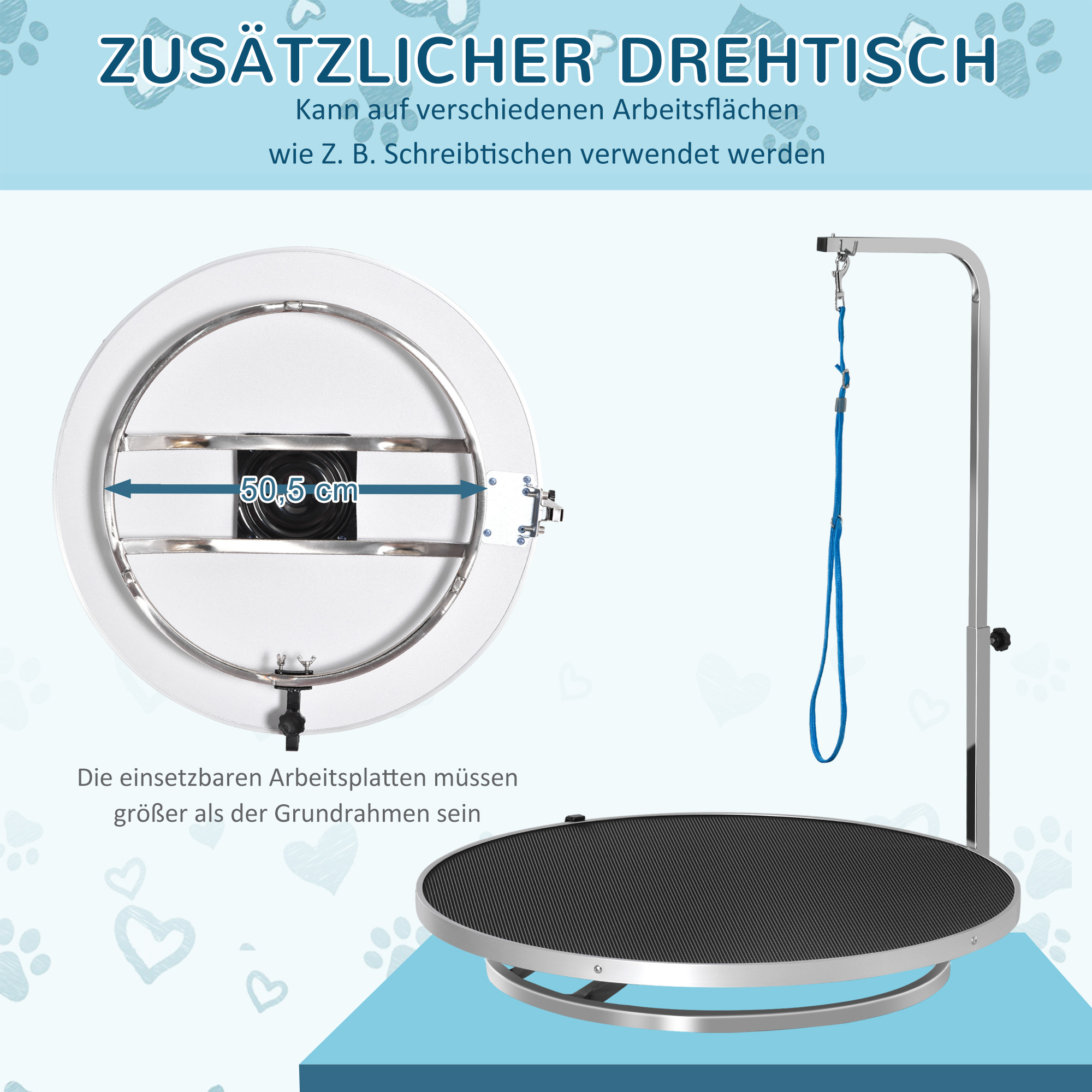 Hunde-Pflegetisch mit Maßangaben. Rundes Tischoberteil mit blauer Leine.