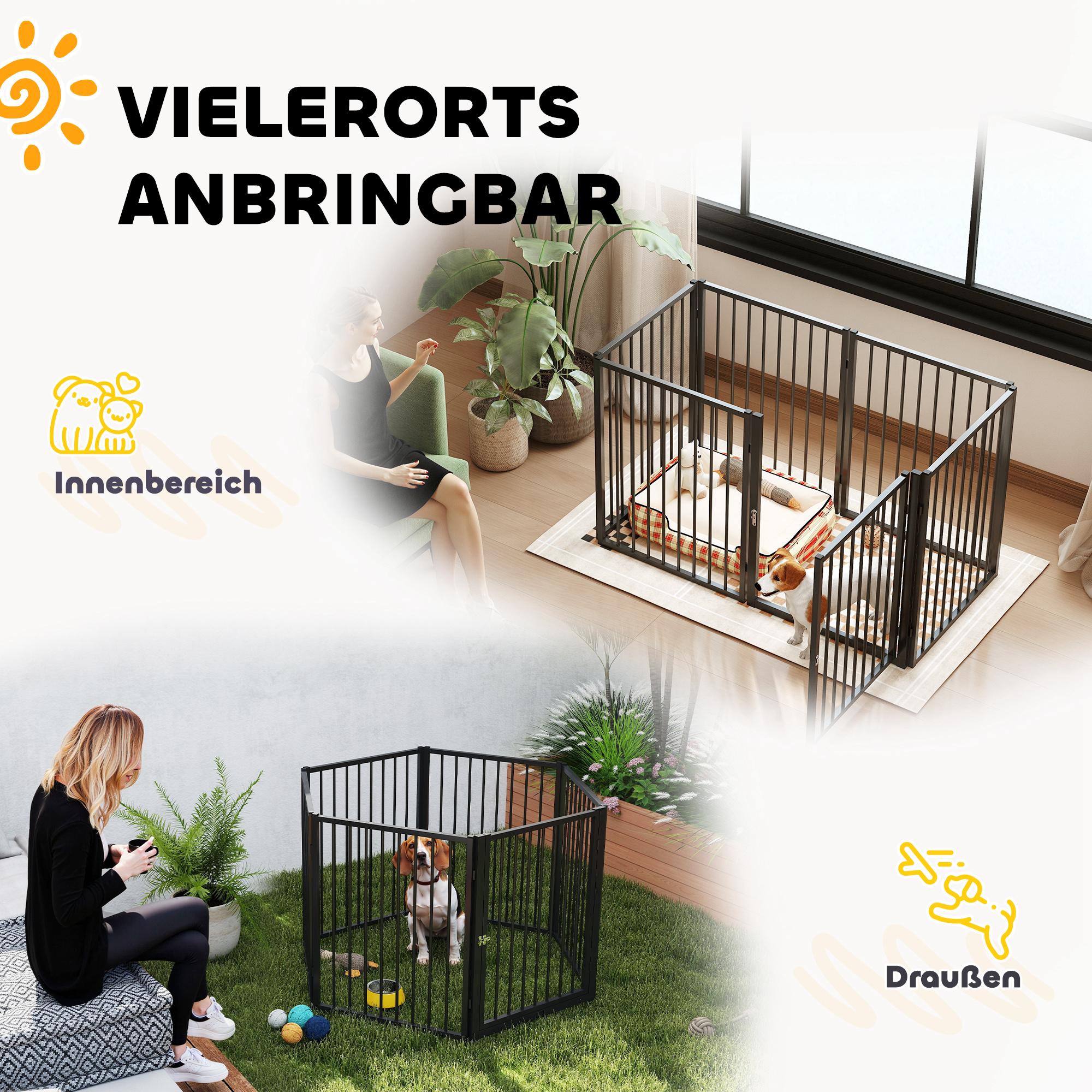 Hundeauslauf, mit zwei Szenen, die die Verwendung im Innen- und Außenbereich zeigen.
