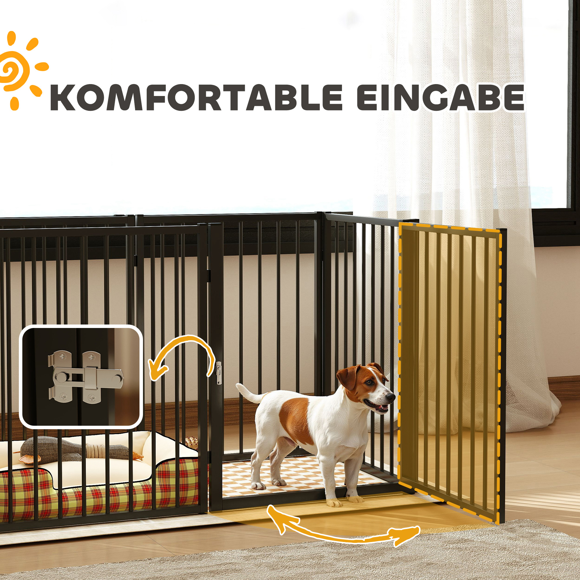Hund in einem Gehege mit Toröffnung. Inklusive Matte und Riegeldetail.