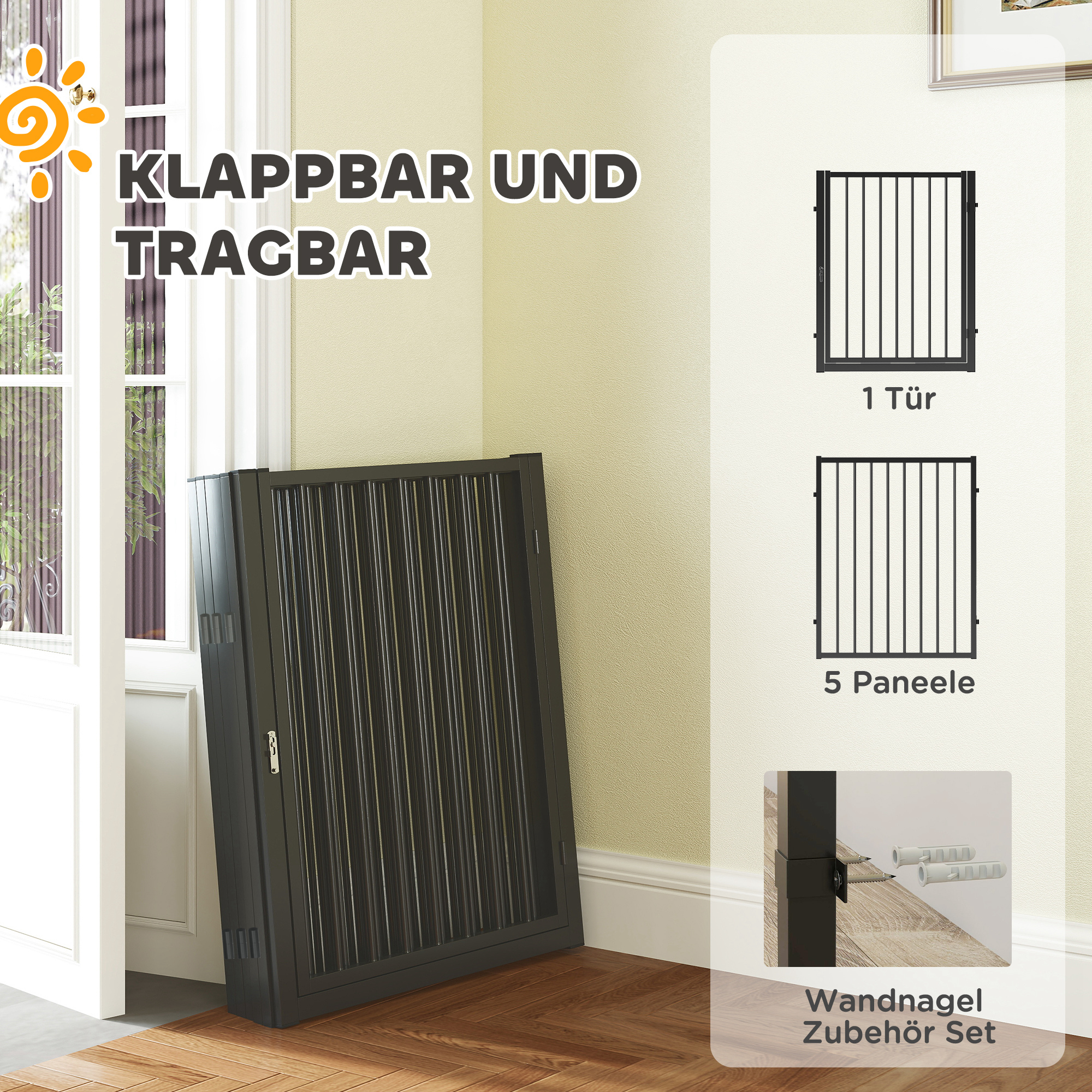 Ein schwarzes, faltbares Haustiergitter. Das Bild zeigt das Gitter gefaltet und aufgebaut.