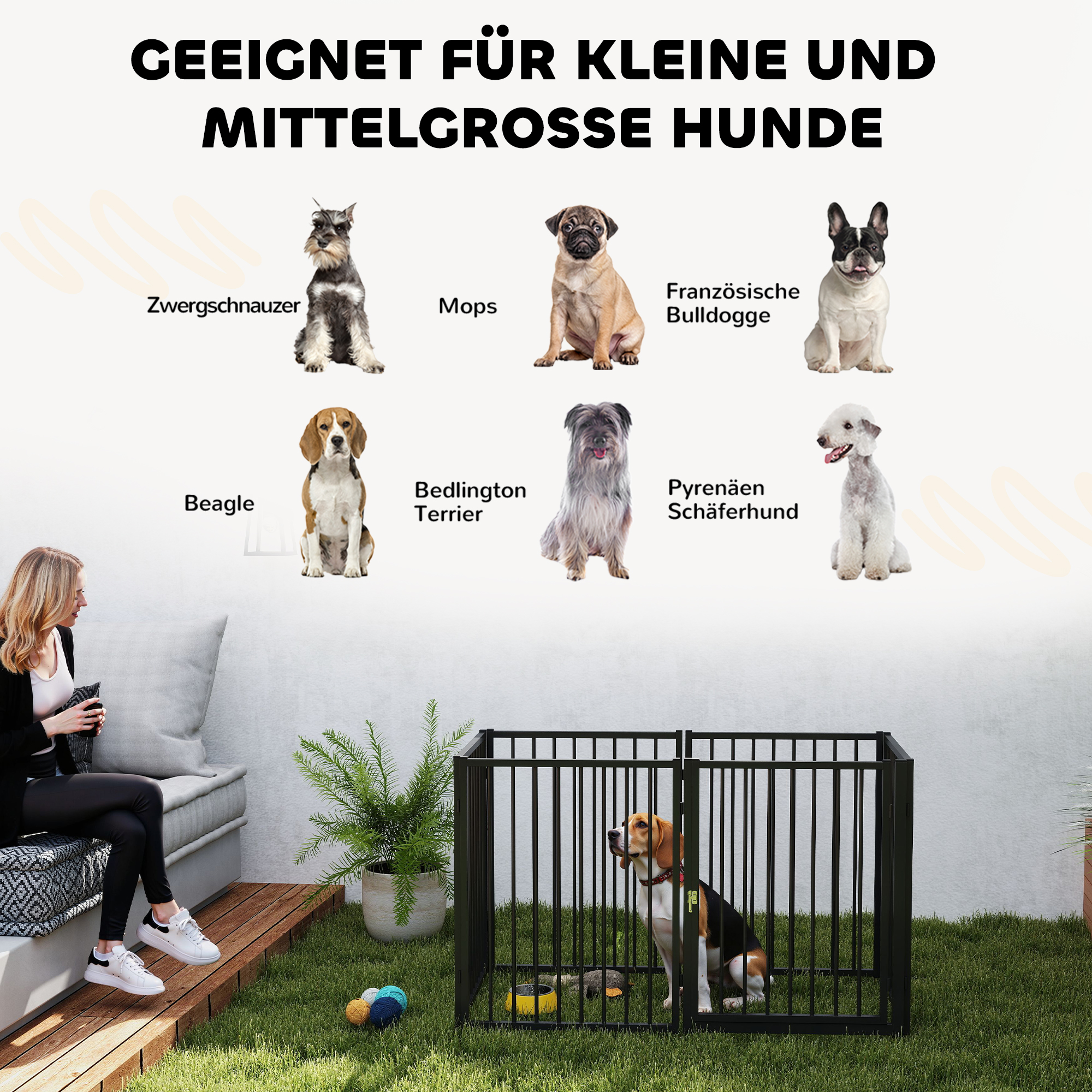 Eine Frau in einem Raum mit kleinen bis mittelgroßen Hunderassen hinter einem schwarzen Haustierzaun. Text: Geeignet für kleine und mittelgroße Hunde.