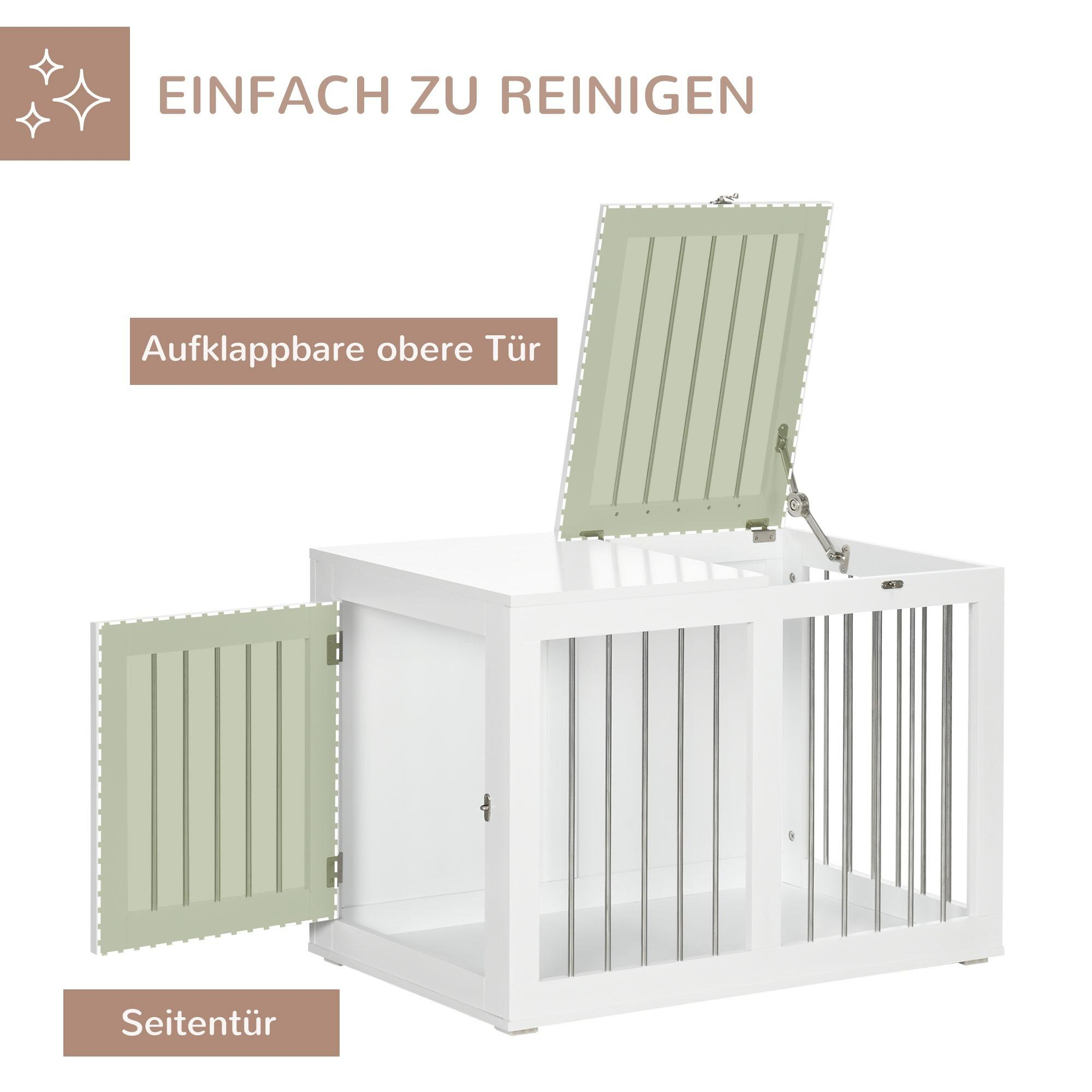 Weißer Haustierkäfig mit offenem Deckel und Seitentüren; grüne Paneele. Text: Leicht zu reinigen.
