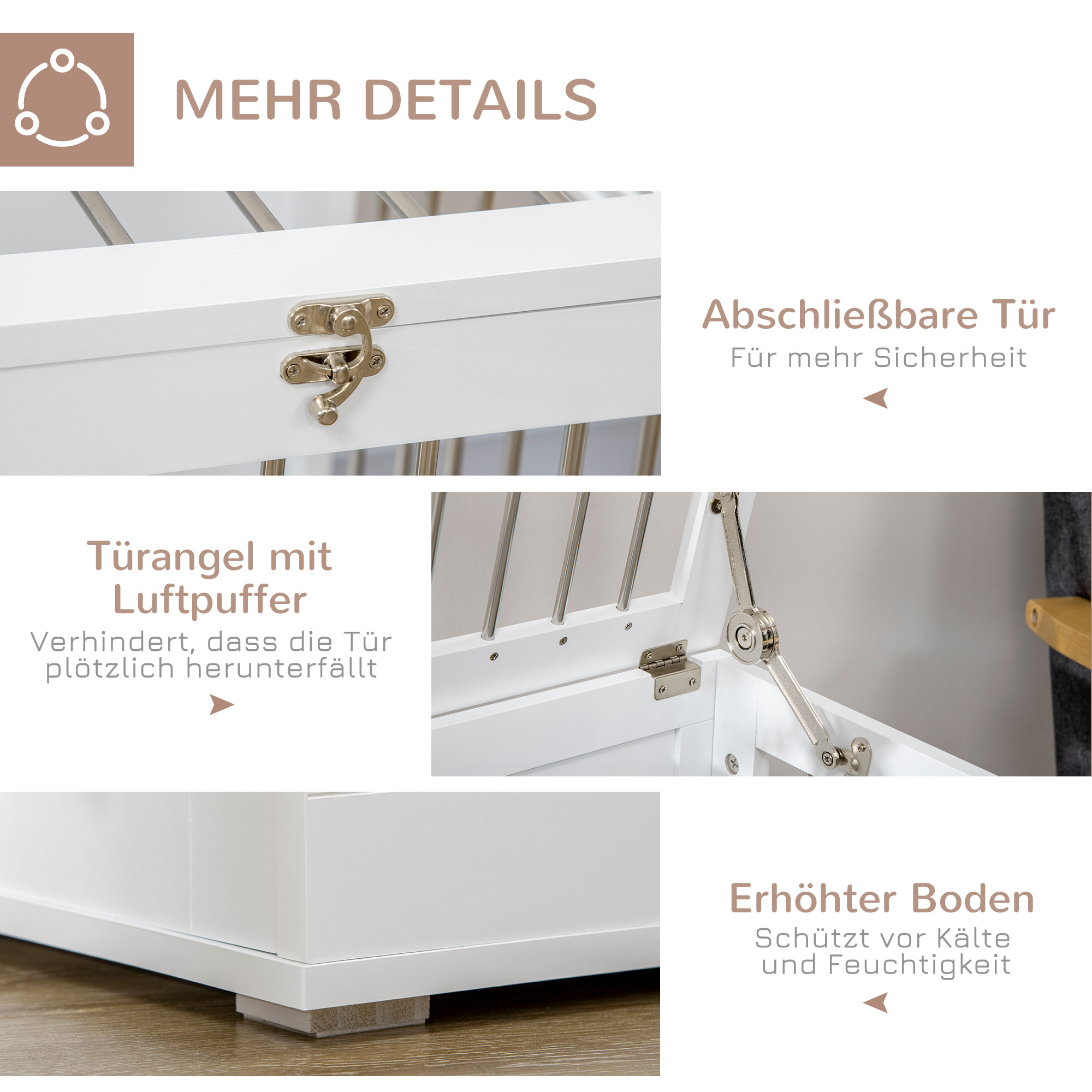 Nahaufnahmen einer weißen Hundebox, die Merkmale wie Türschloss und Luftpuffer zeigen.
