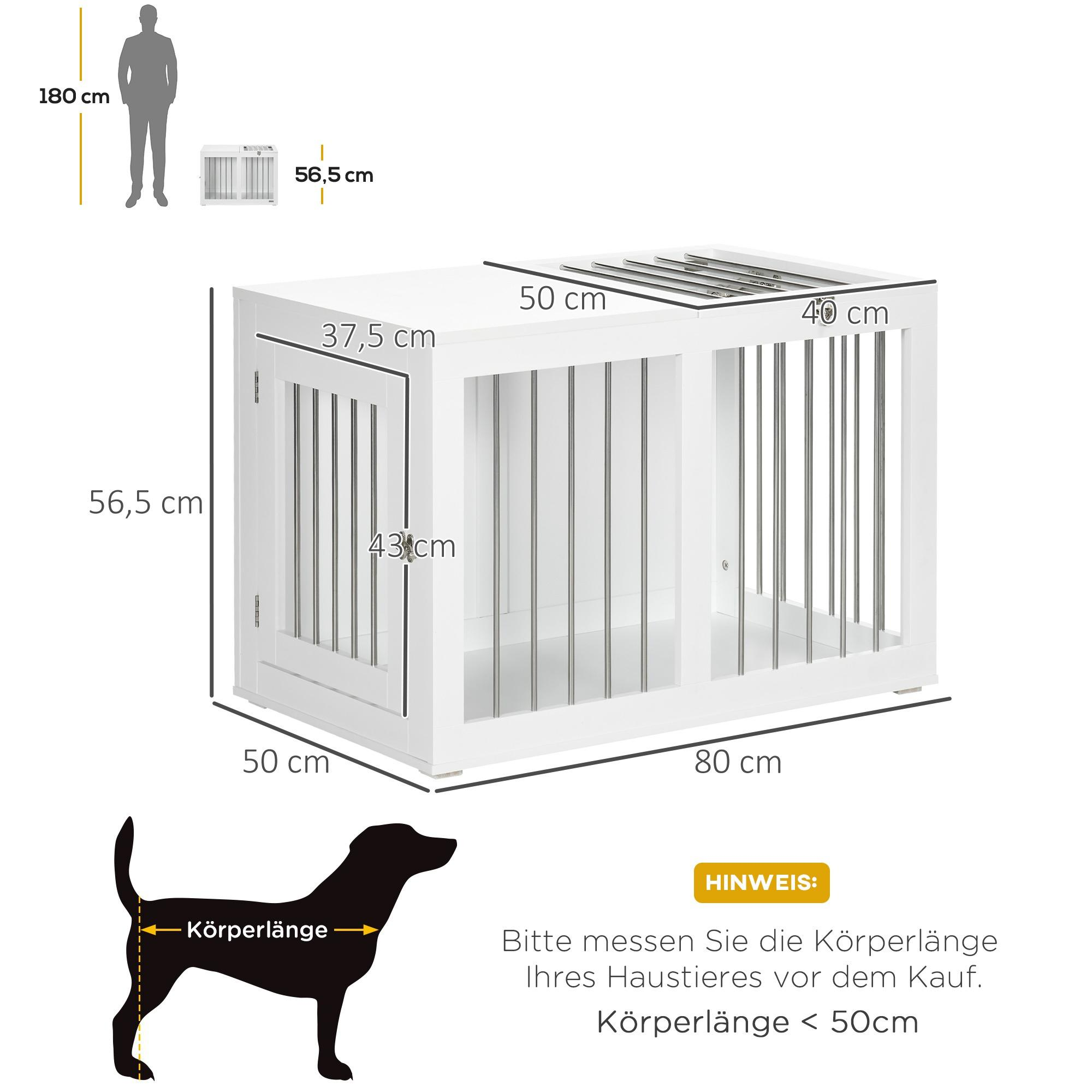 Weiße Hundebox mit Maßen. Eine Hundesilhouette zeigt, dass die Körperlänge unter 50 cm sein soll.