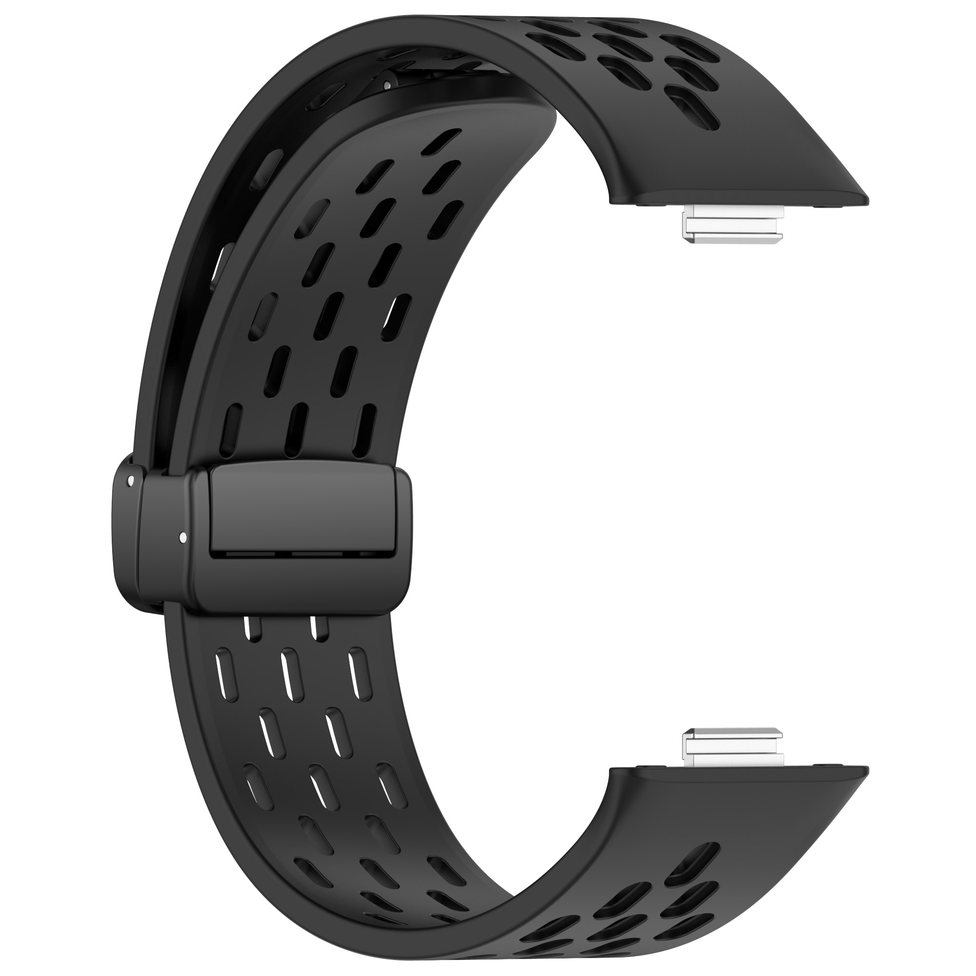 Schwarzes Armband mit Perforationen, zeigt die Befestigungspunkte.