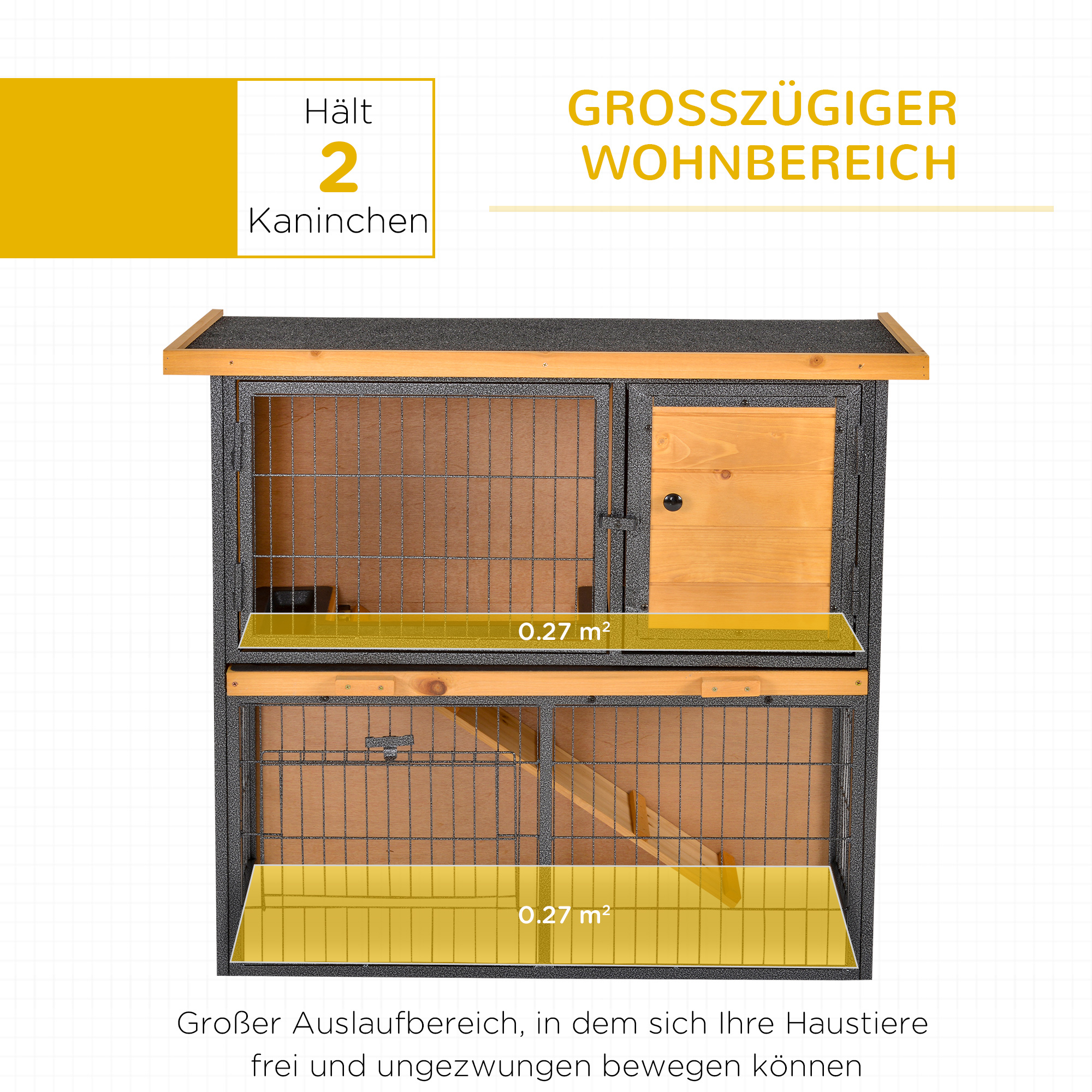 Zweistöckiger Kaninchenstall aus Holz mit Gitter und Holztür.