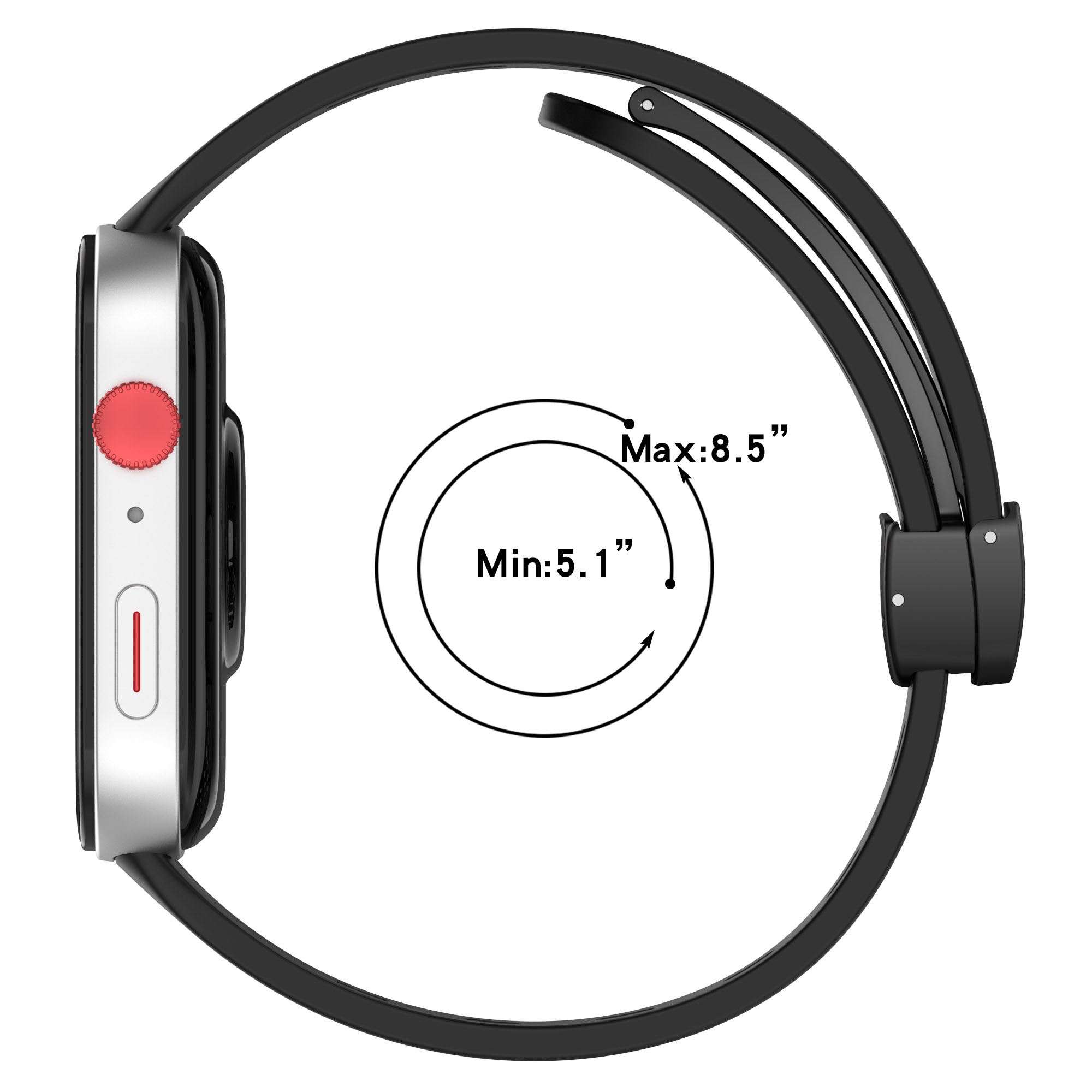 Eine Smartwatch mit schwarzem Armband, der Bildschirm ist sichtbar und zeigt die Mindest- und Maximalgröße.