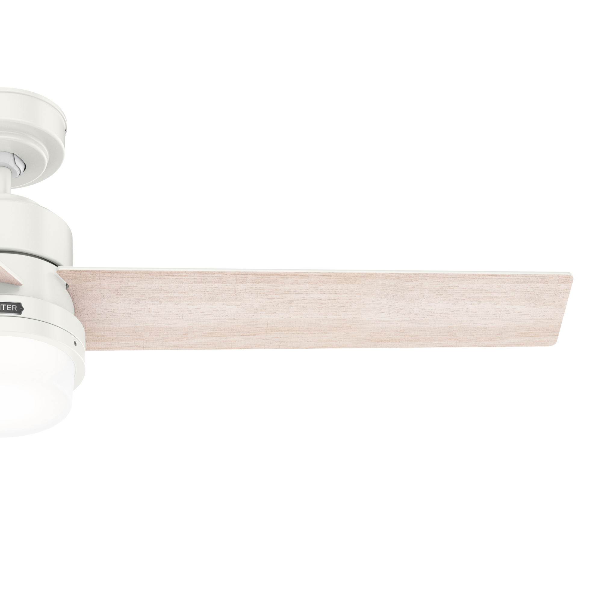 Nahaufnahme eines Deckenventilatorblattes. Das Blatt ist helles Holz mit weißem Rand und weißer Halterung.