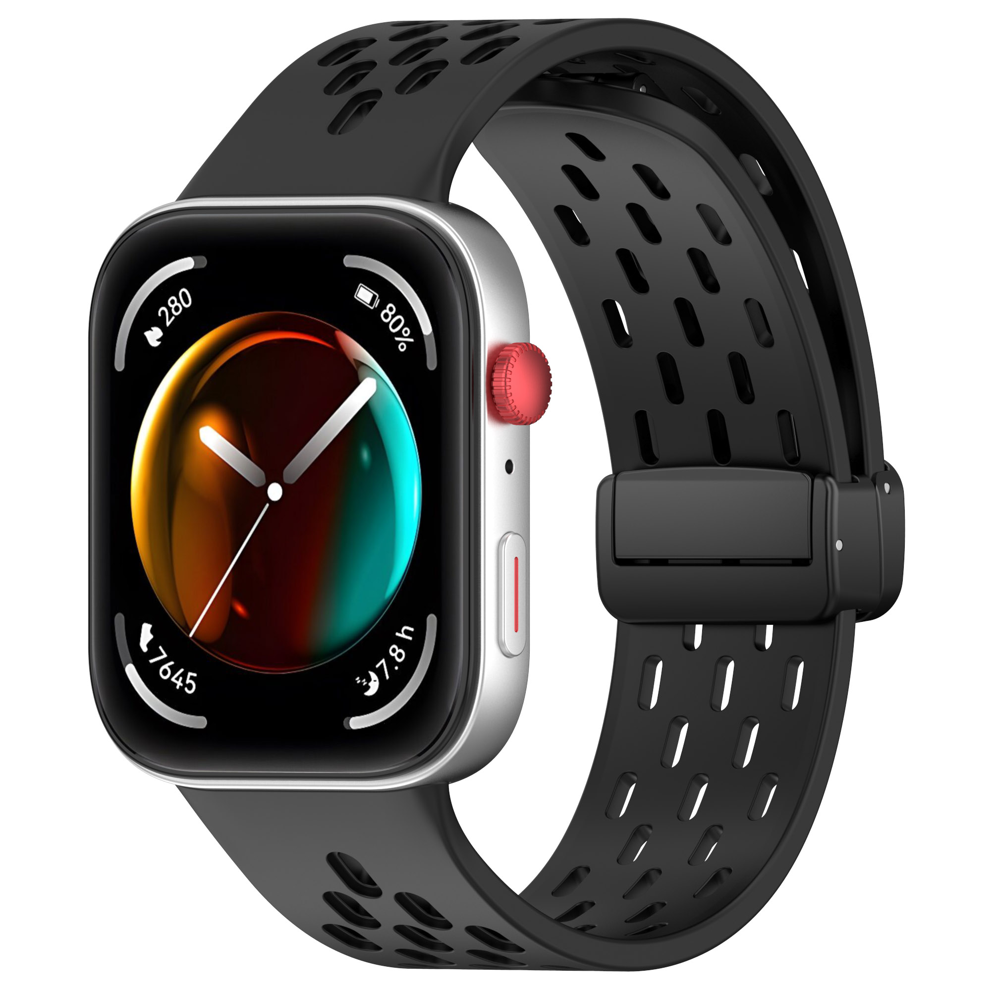 Smartwatch mit schwarzem Armband, Anzeige von Zeit und Akkustand.