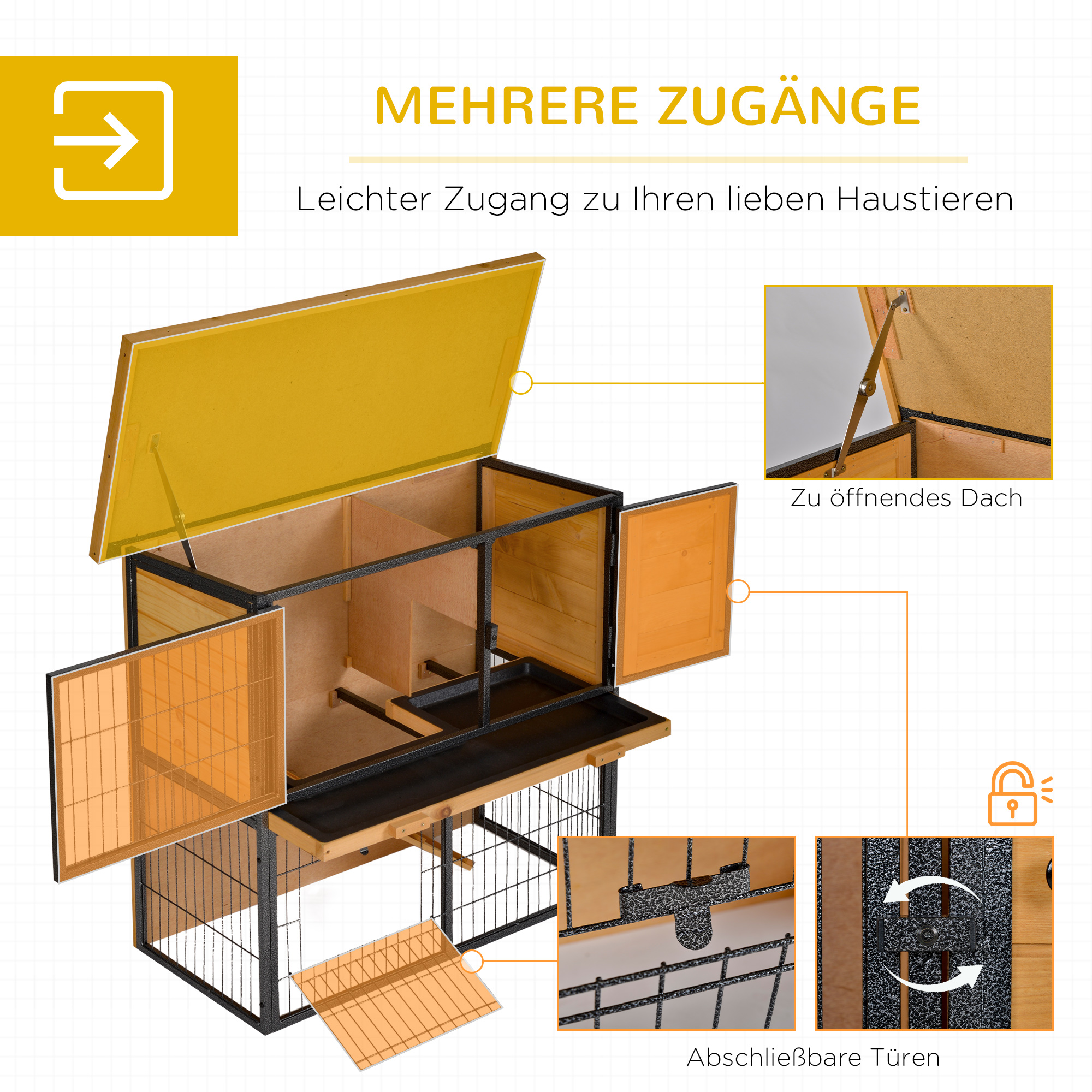 Holz-Haustierhaus mit mehreren Zugängen und offenem Dach.