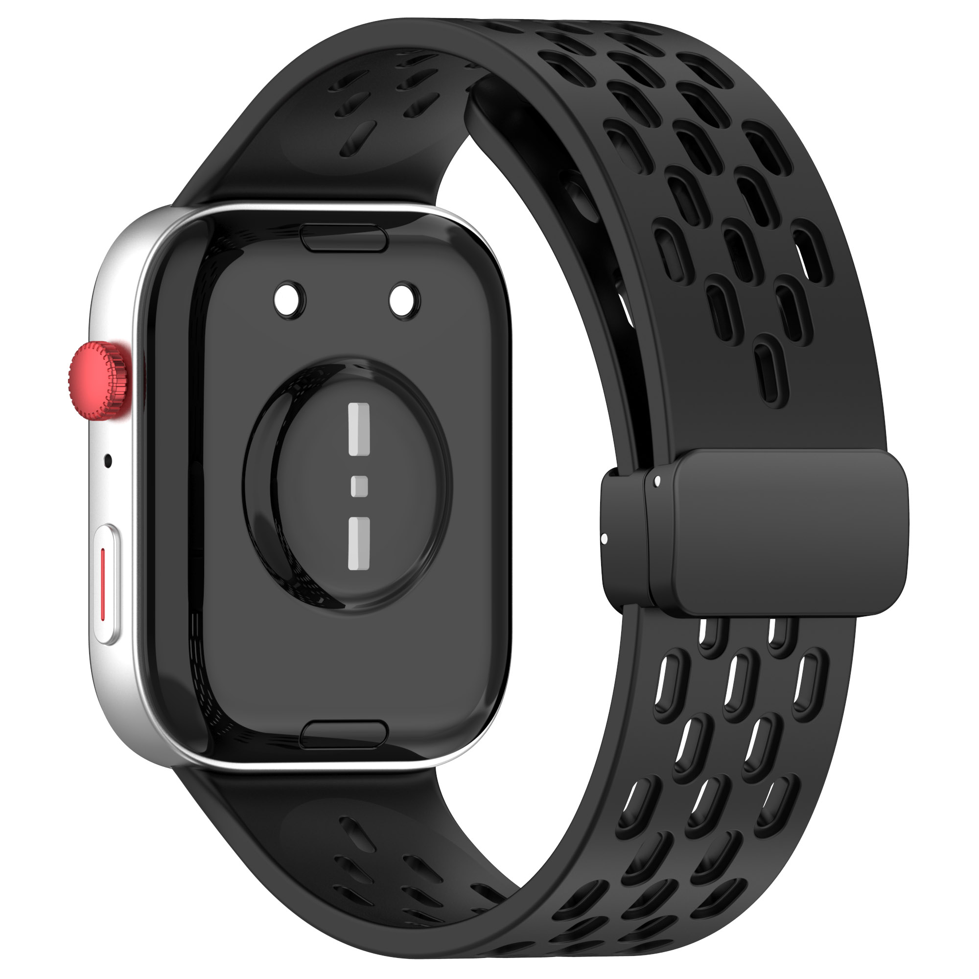 Schwarze Smartwatch mit schwarzem perforiertem Armband.