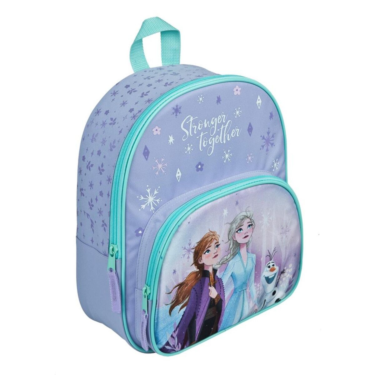 Lila Frozen-Rucksack mit Anna, Elsa und Olaf drauf.