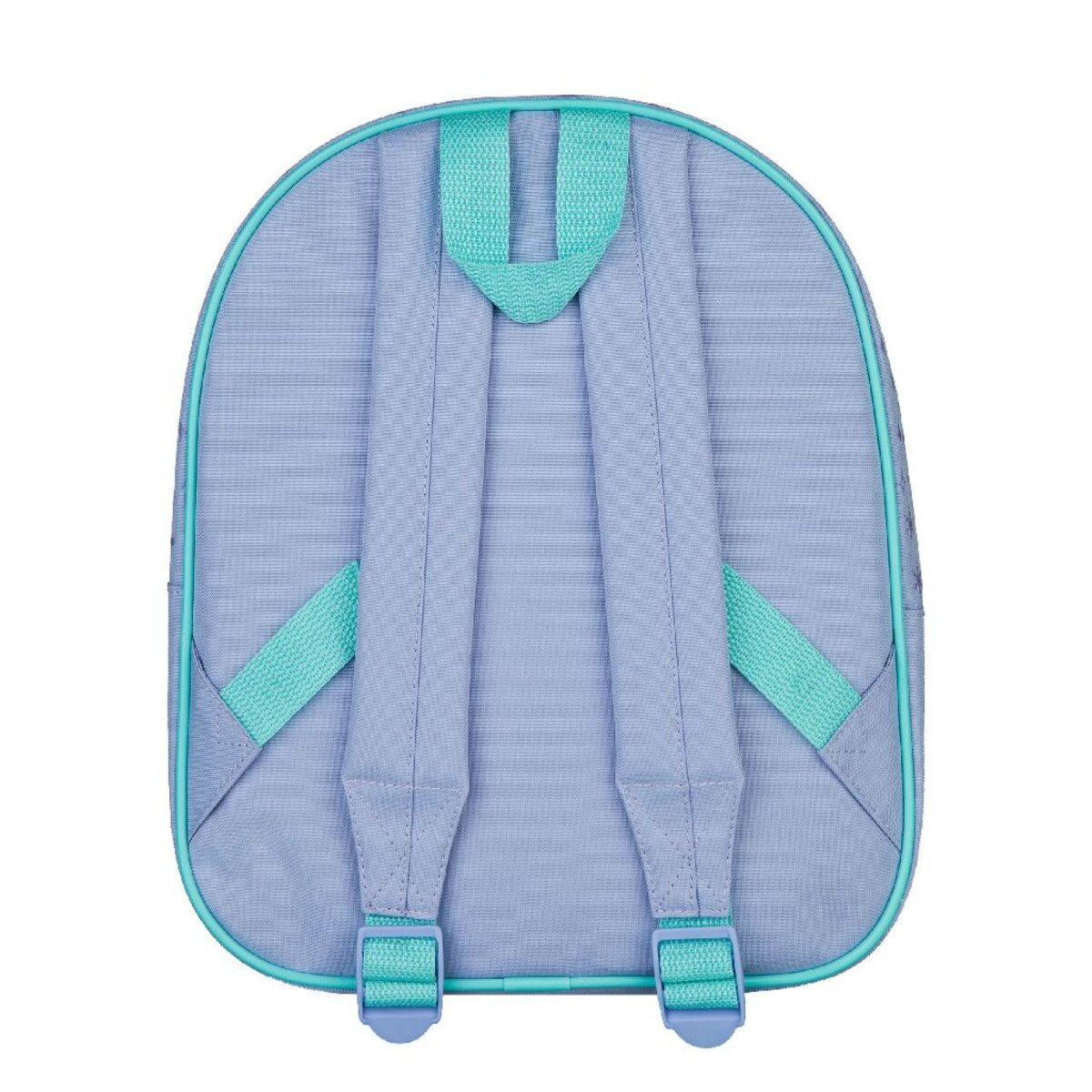 Rückansicht eines hellvioletten Rucksacks mit türkisfarbenen Trägern und Besatz.