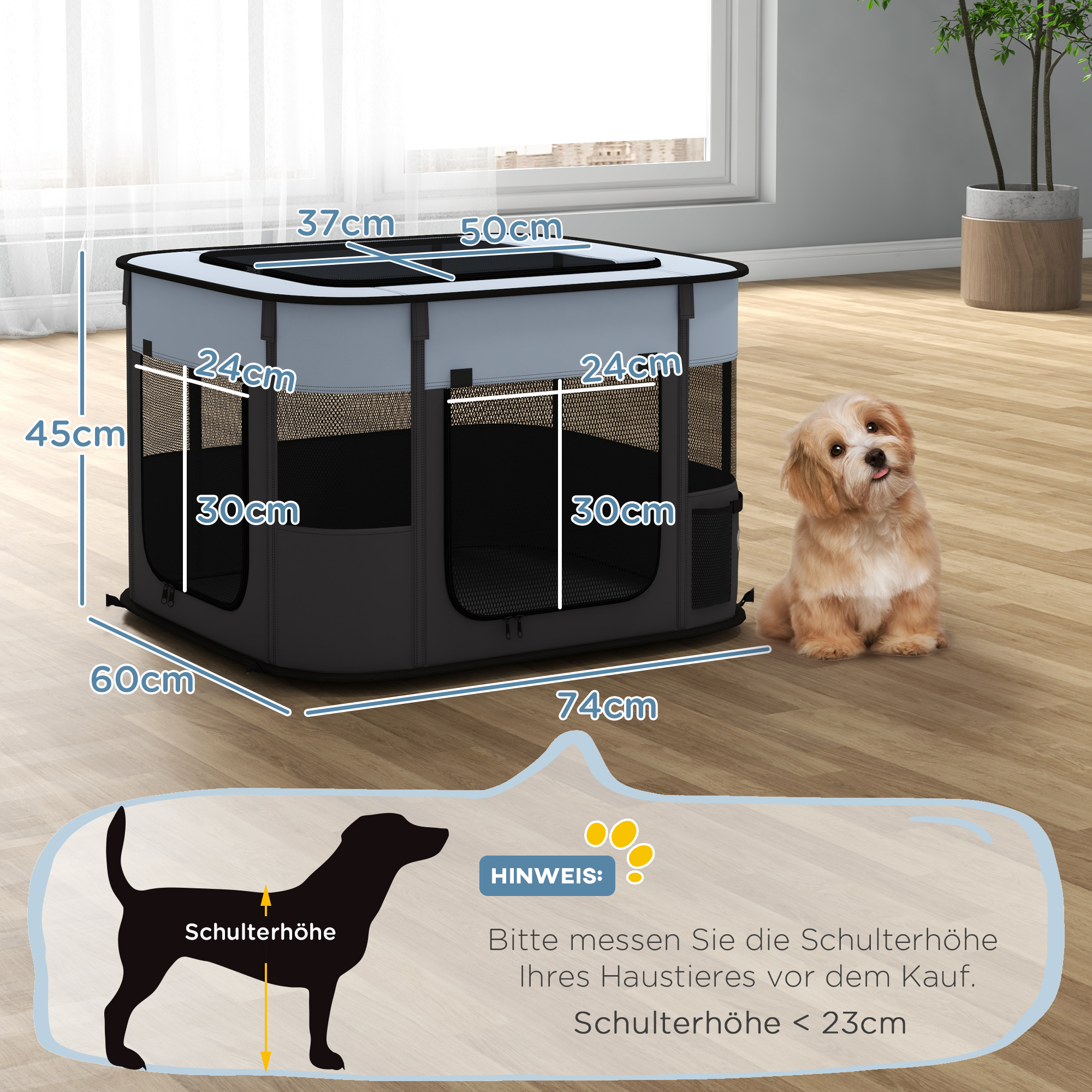 Hundegehege mit Maßangaben und ein kleiner Hund sitzt daneben, mit Größenangabe.