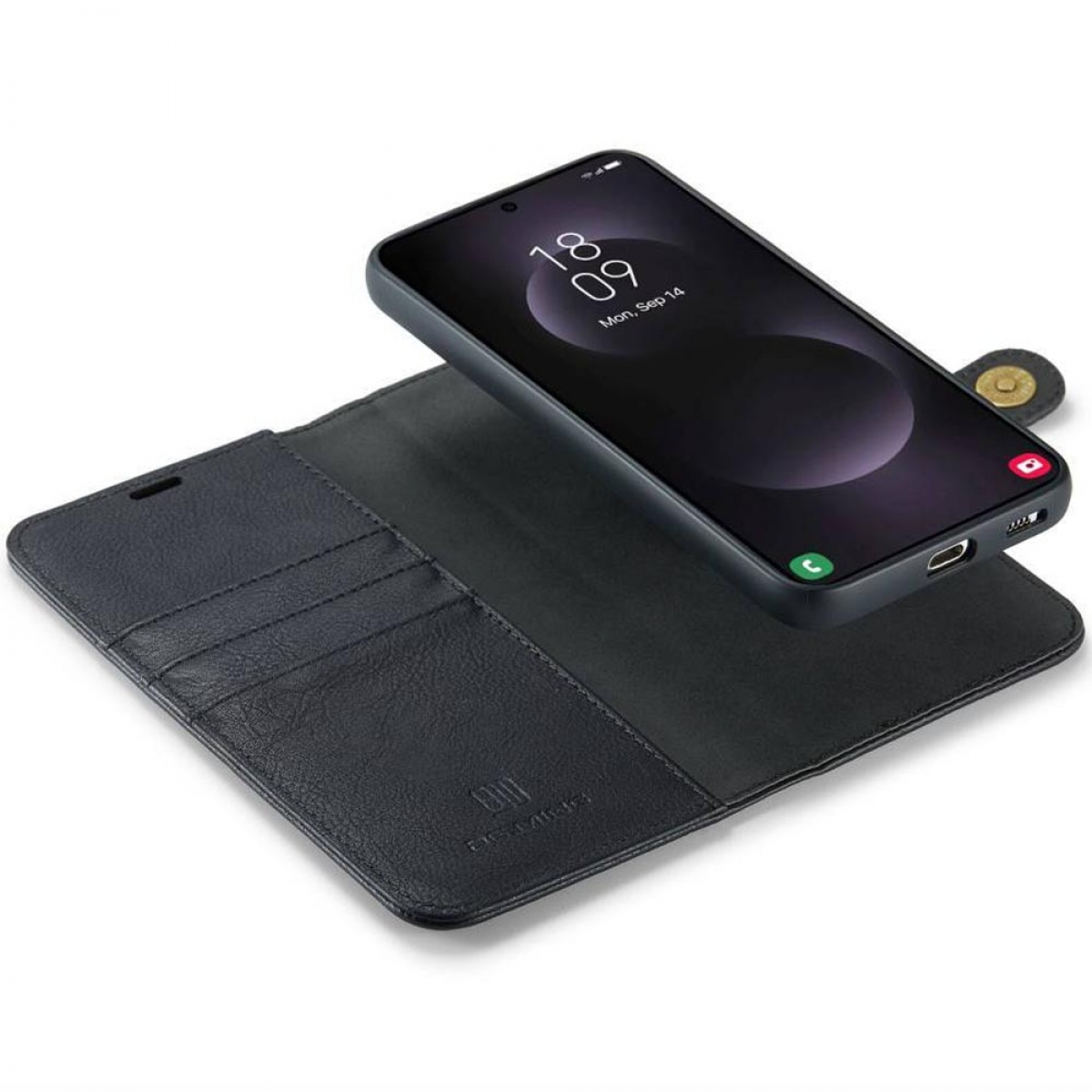 Schwarzes Telefon mit Hülle, das Datum und Uhrzeit anzeigt.