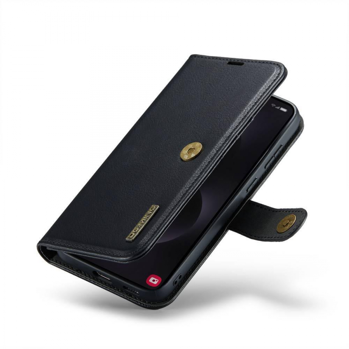Schwarze Handyhülle mit Klapphülle und Knopfverschluss. Telefon liegt auf weißer Oberfläche.
