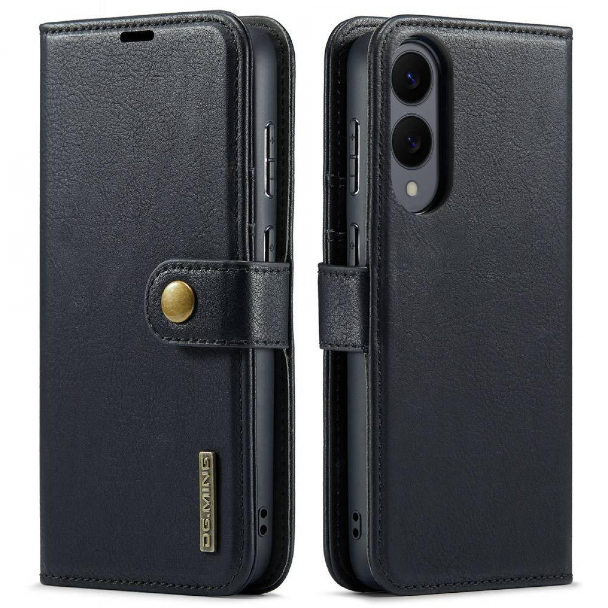 Schwarzes Handyhüllen-Portemonnaie, geschlossen und geöffnet. Telefon innen, Knopfverschluss. Weißer Hintergrund.