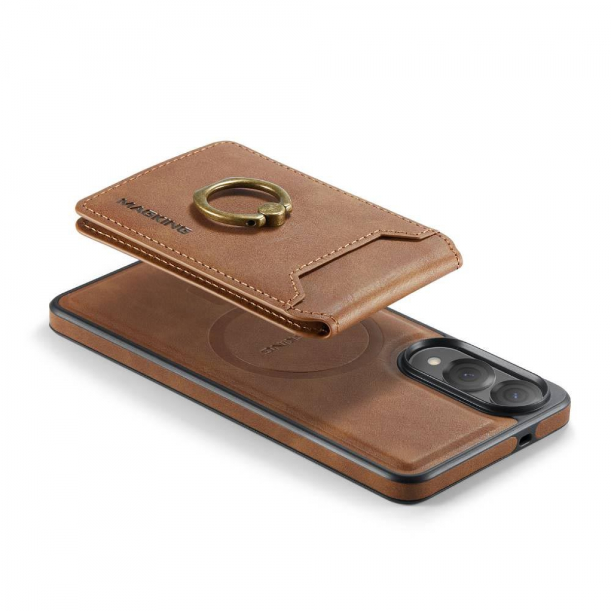Braune Handyhülle mit Ringständer und Kartenhalter. Telefon ist angewinkelt. Weißer Hintergrund.