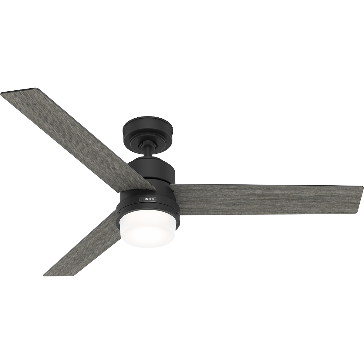 Schwarzer Deckenventilator mit drei grauen Flügeln und einer Leuchte.