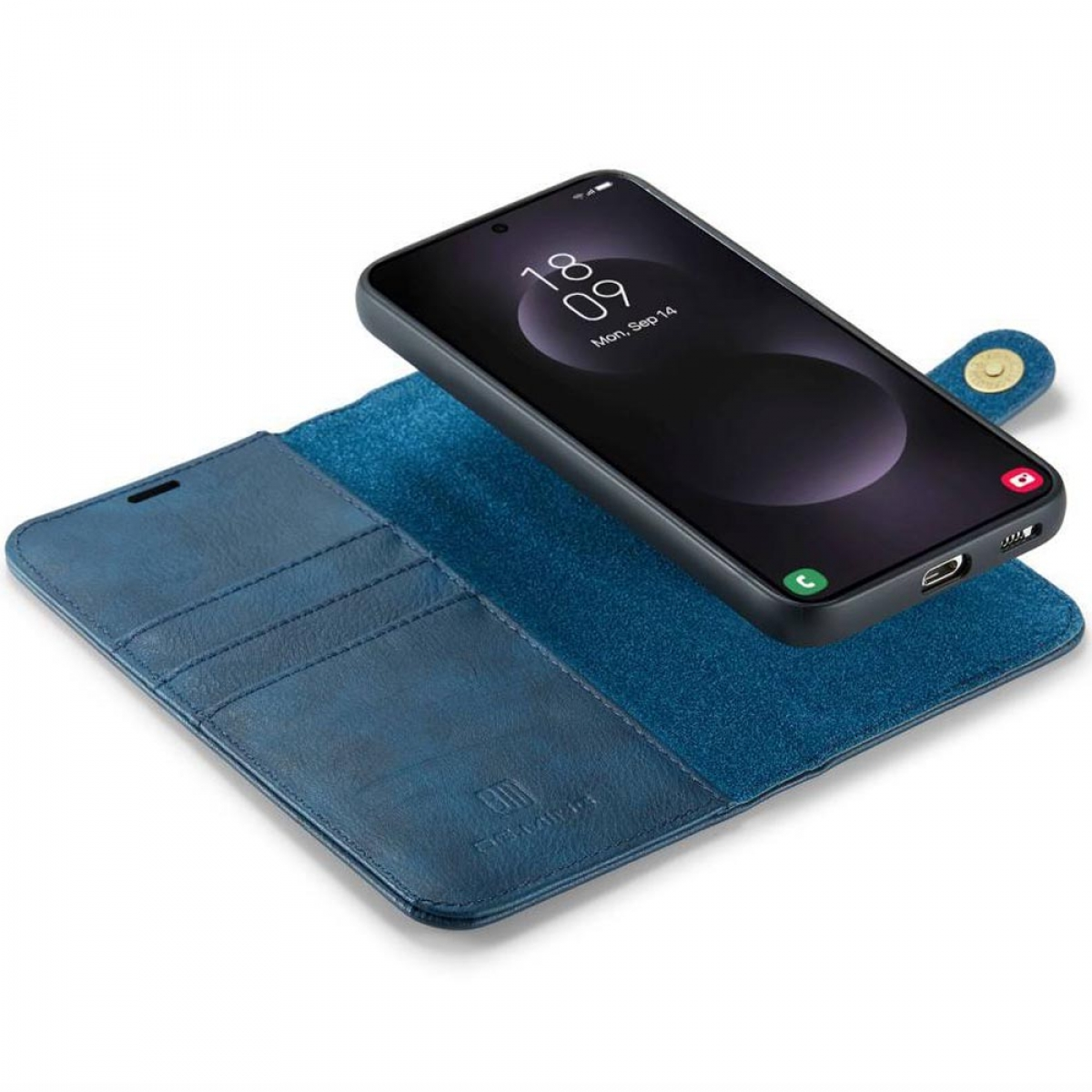 Blaue Leder-Handyhülle, geöffnet, mit einem Telefon darin. Weißer Hintergrund.