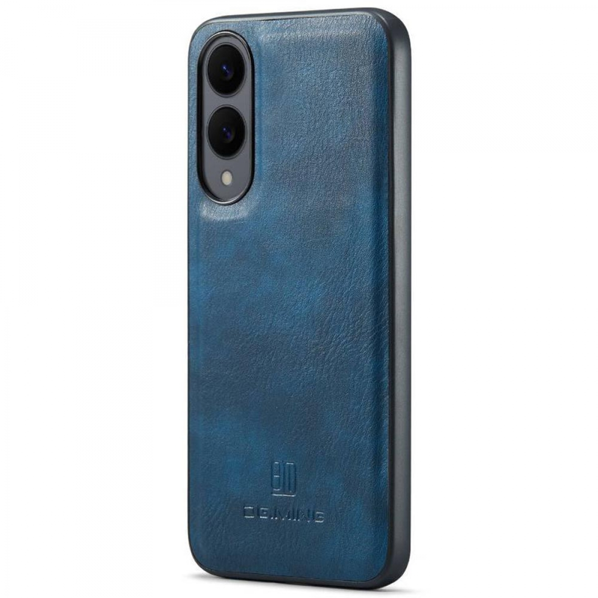 Blaue Leder-Handyhülle, geschlossen, mit einem Telefon darin. Weißer Hintergrund.