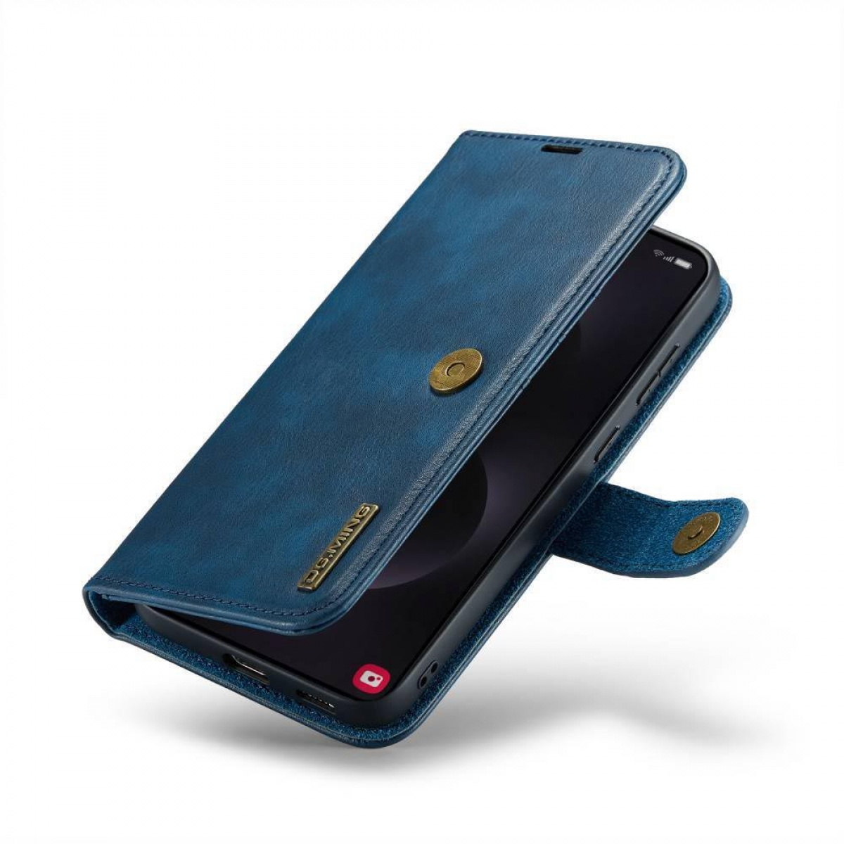 Eine blaue Leder-Handyhülle mit einem Telefon darin. Sie ist geöffnet und zeigt das Telefon und Kartenfächer.