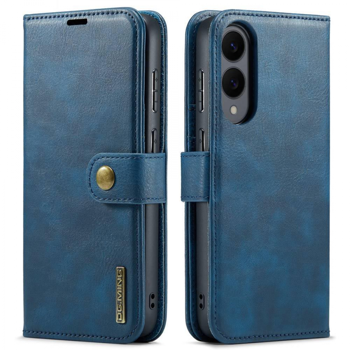 Eine blaue Leder-Handyhülle mit Magnetverschluss und Goldknopf. Sie lässt sich aufklappen, um das Telefon freizugeben.