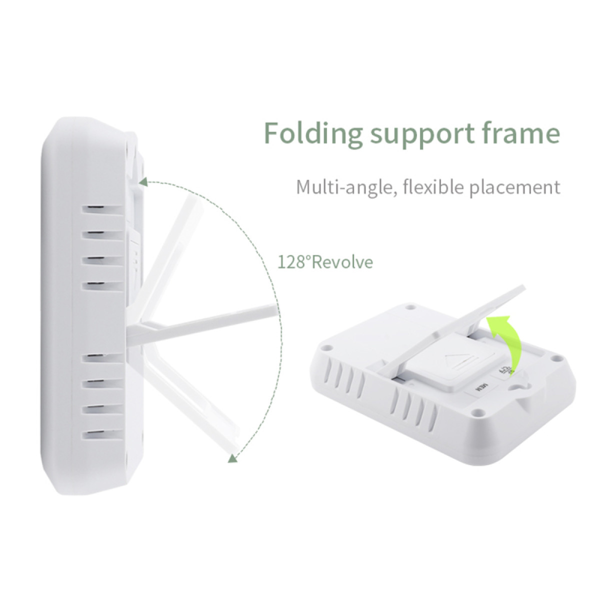 Białe urządzenie ze składaną ramą podporową. Pokazuje obrót o 128°. Rama jest biała.