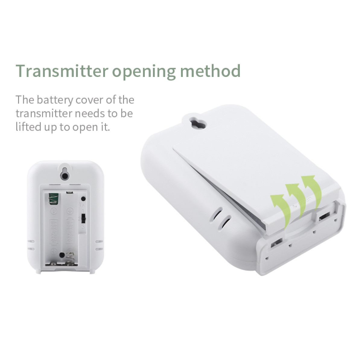 Biały nadajnik z otwartą pokrywą baterii, pokazujący komorę baterii.