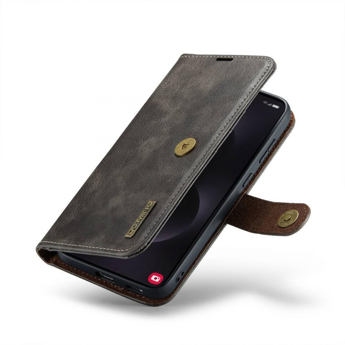 Dunkelgraue Handyhülle offen mit Telefon. Knopfverschluss, DG.MING-Logo.