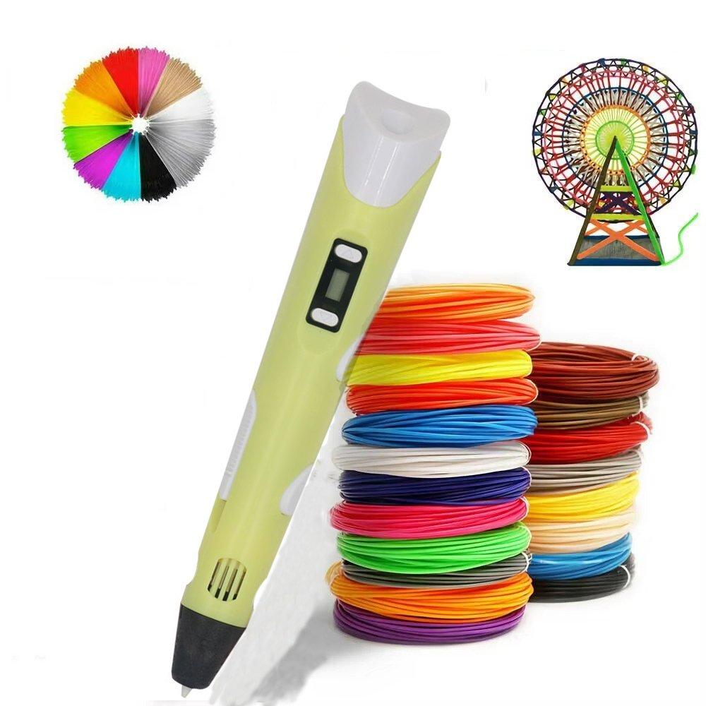 Penna 3D con filamenti colorati e campioni di modelli stampati in 3D, come una ruota panoramica.