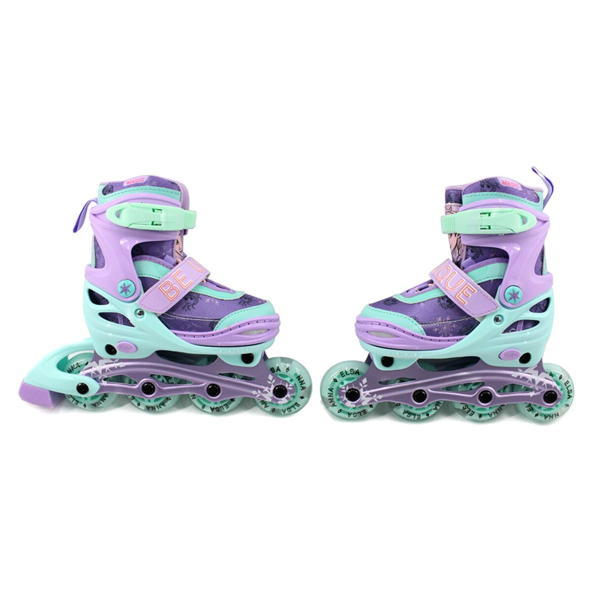 Lila und türkisfarbene Rollschuhe mit floralem Design.