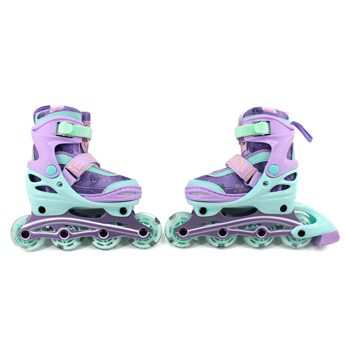 Paar Rollschuhe im Frozen-Design. Lila und türkisfarbene Farben, mit Rollen.