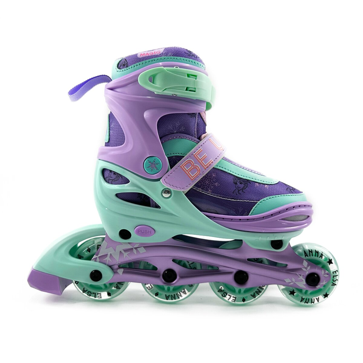 Lila, grüner Rollschuh mit vier Rädern. Der Schuh hat "Anna" und "Elsa" darauf.