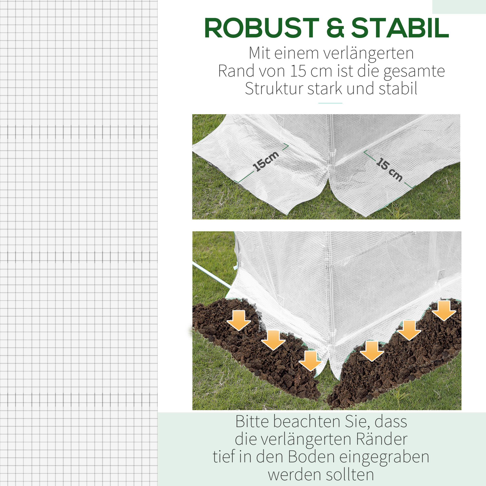 Diagramm eines Gewächshauses. Text besagt, dass es einen 15 cm verlängerten Rand hat. Pfeile zeigen das Einsetzen in den Boden.
