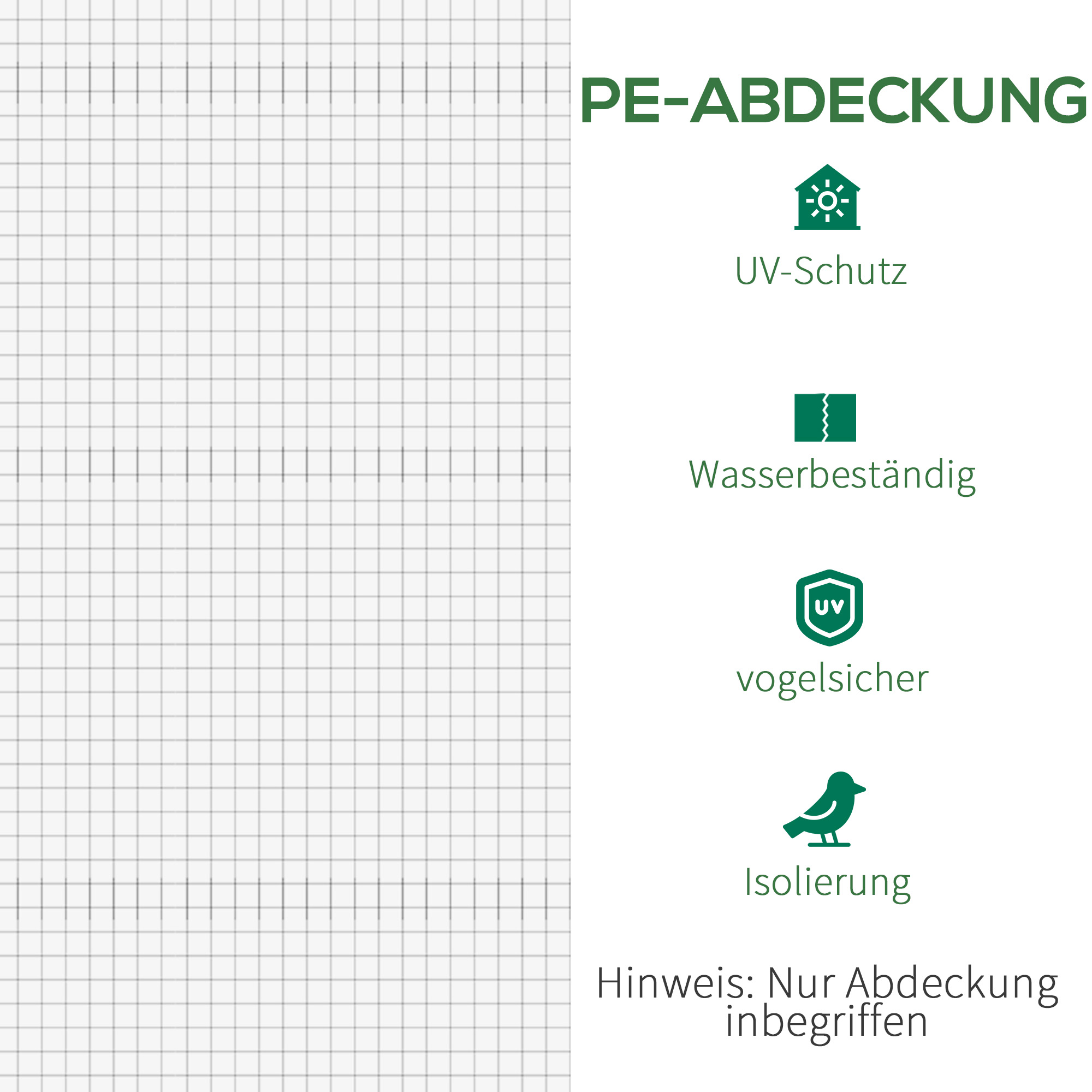 Weißes Netz mit Symbolen und deutschem Text über PE-Abdeckung: UV-Schutz, wasserdicht, vogelsicher und Isolierung.