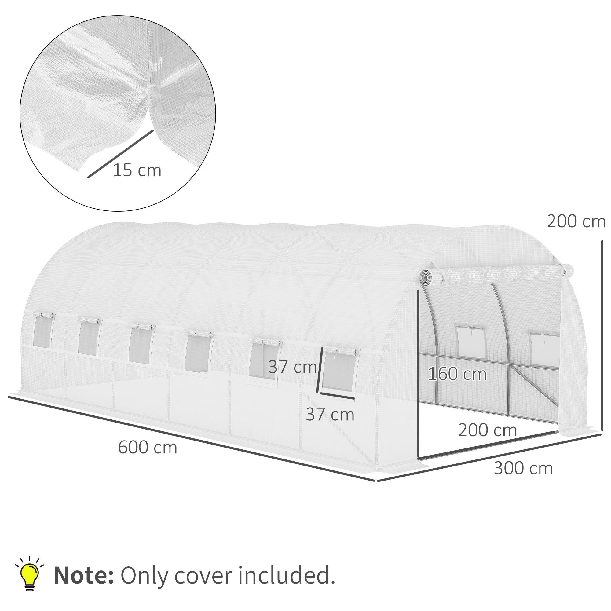 Ein Gewächshaus mit Abmessungen und eine Nahaufnahme des Abdeckmaterials.