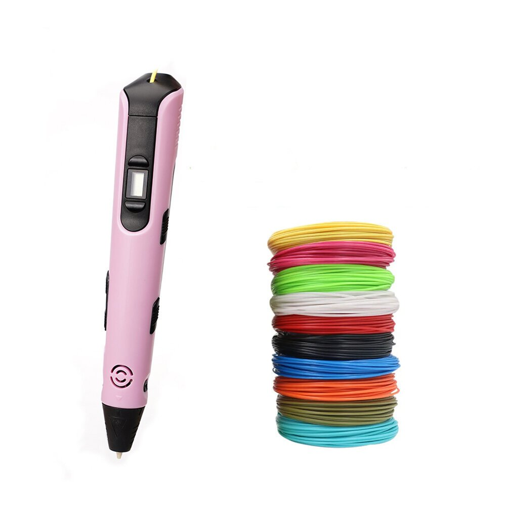 Penna 3D rosa con filamenti di vari colori impilati accanto su sfondo bianco.