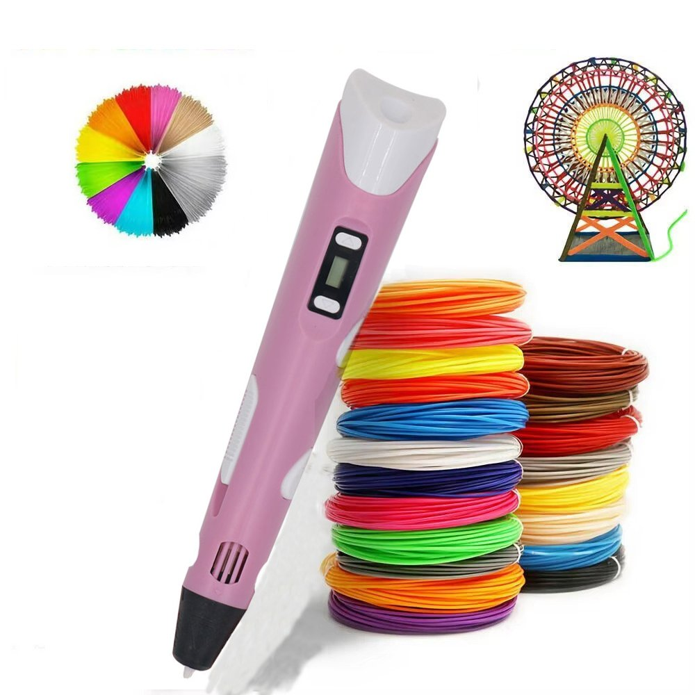 Penna 3D rosa con filamenti, ruota colorata e modello di ruota panoramica.