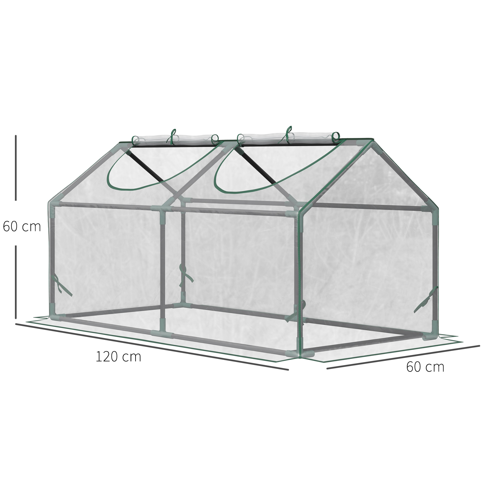Estructura de invernadero con cubierta transparente. Las dimensiones son 120 cm x 60 cm x 60 cm.