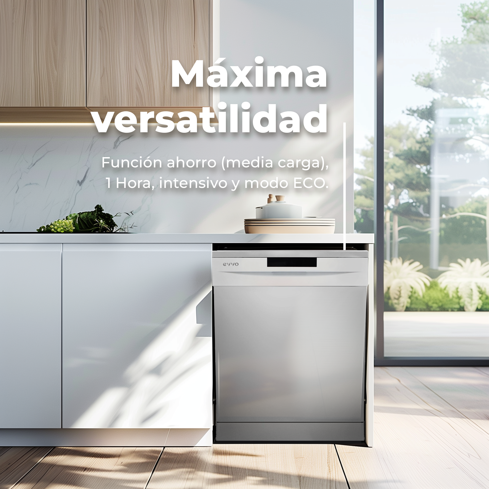 Lavavajillas plateado en una cocina. Texto en español: Máxima versatilidad (Máxima versatilidad).
