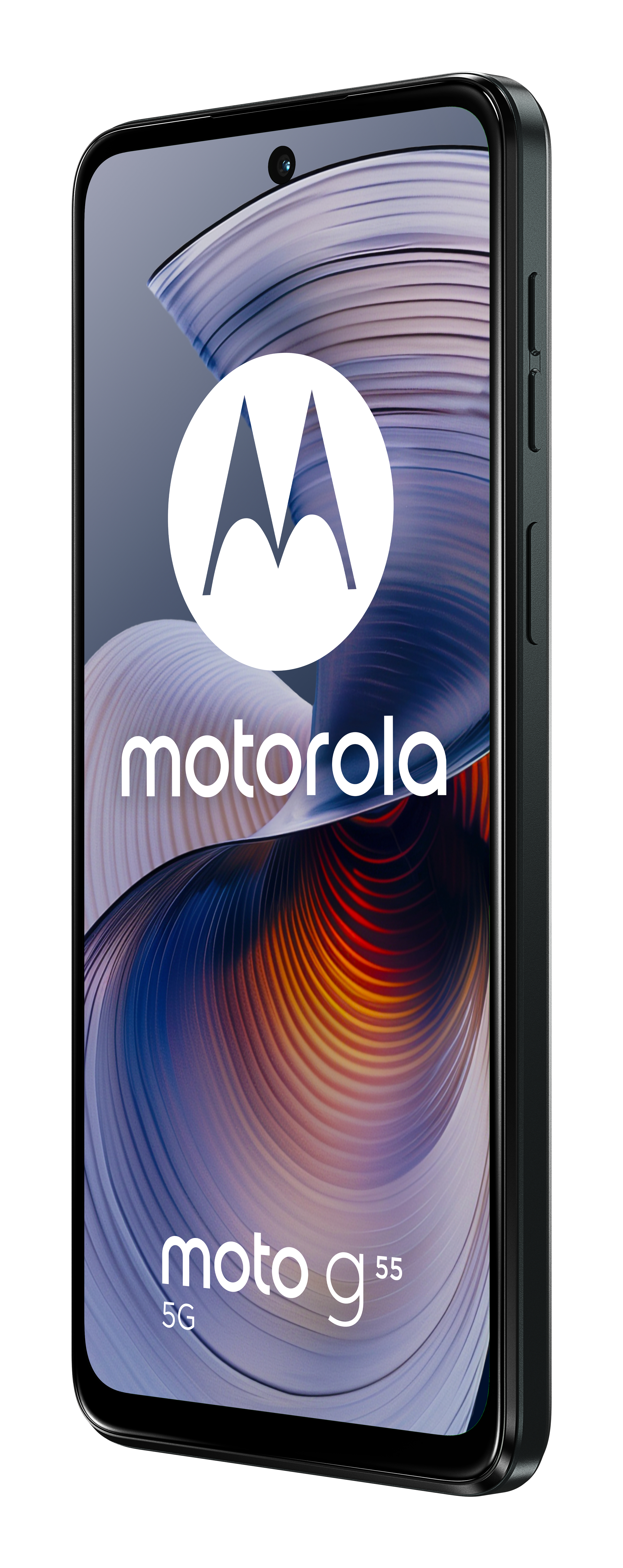 Smartfon Motorola Moto G55 5G. Czarny korpus, duży ekran. Logo Motorola i faliste tło.