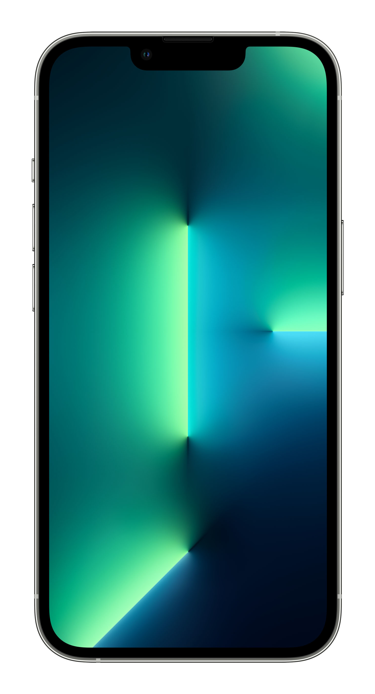 Czarny iPhone, widok z przodu, wyświetlający gradient turkusowo-niebieski. Ekran jest włączony.