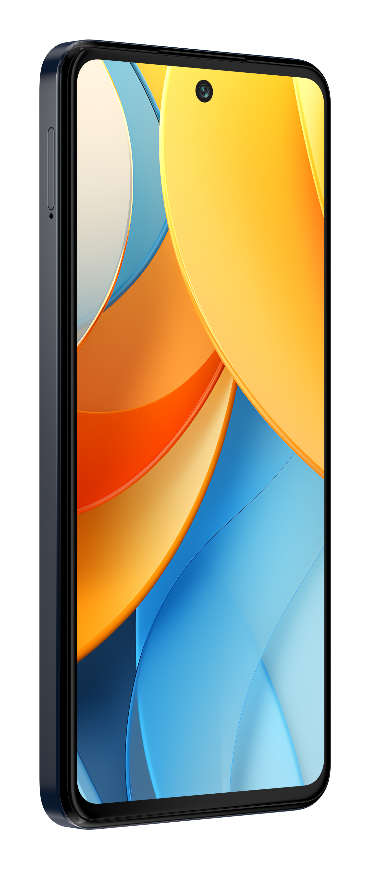 Smartfon, czarna ramka, ekran z abstrakcyjnym żółtym, pomarańczowym i niebieskim designem. Widok z boku przycisków głośności.