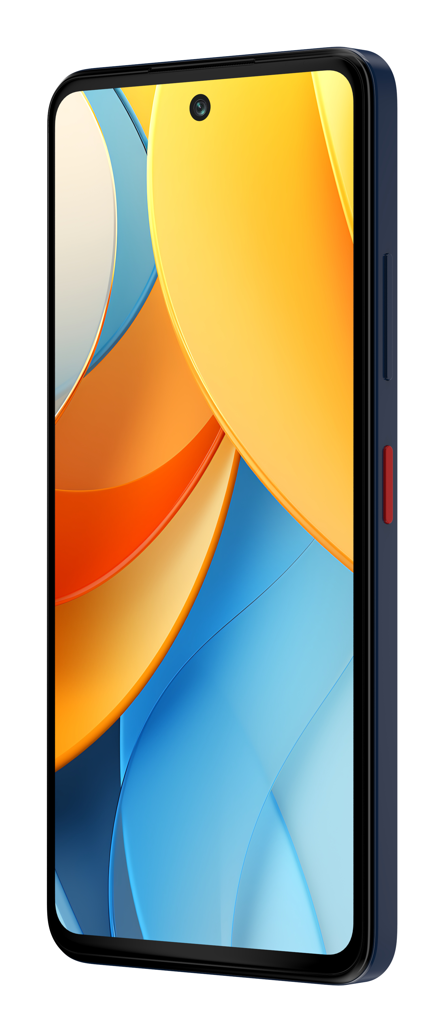 Ciemnoniebieski smartfon z ekranem wyświetlającym pomarańczowe i żółte abstrakcyjne kształty. Telefon jest widoczny z boku.