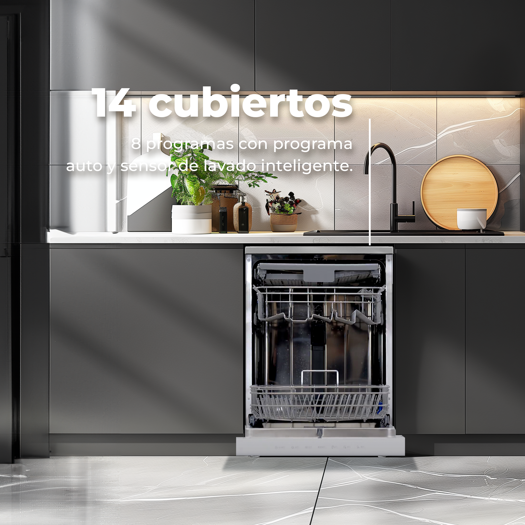 Schemat zmywarki. Pokazuje widoki z przodu i z boku, z wymiarami w cm.