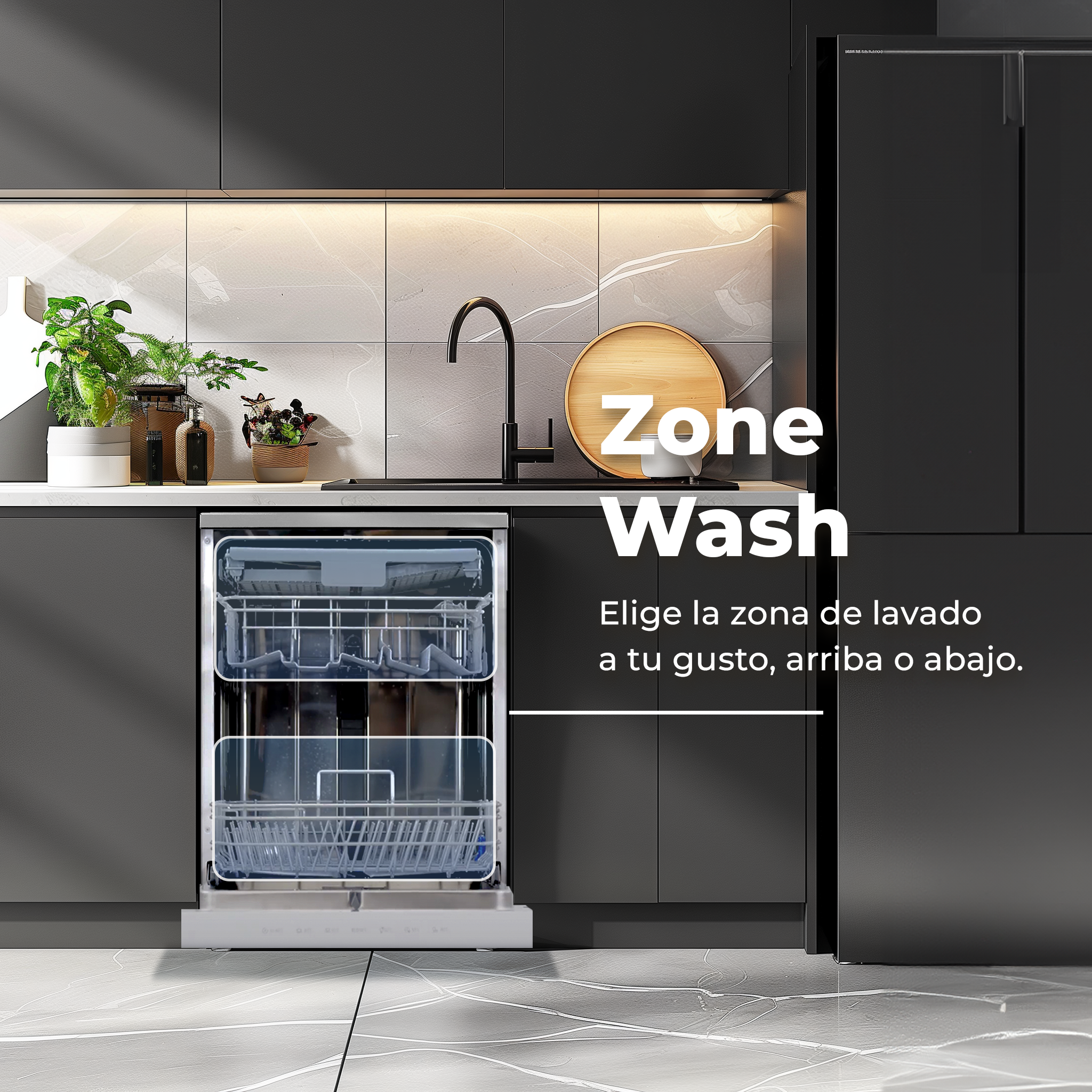 Zmywarka z otwartymi drzwiami. Tekst mówi: automatyczne otwieranie, i brak śladów wody.