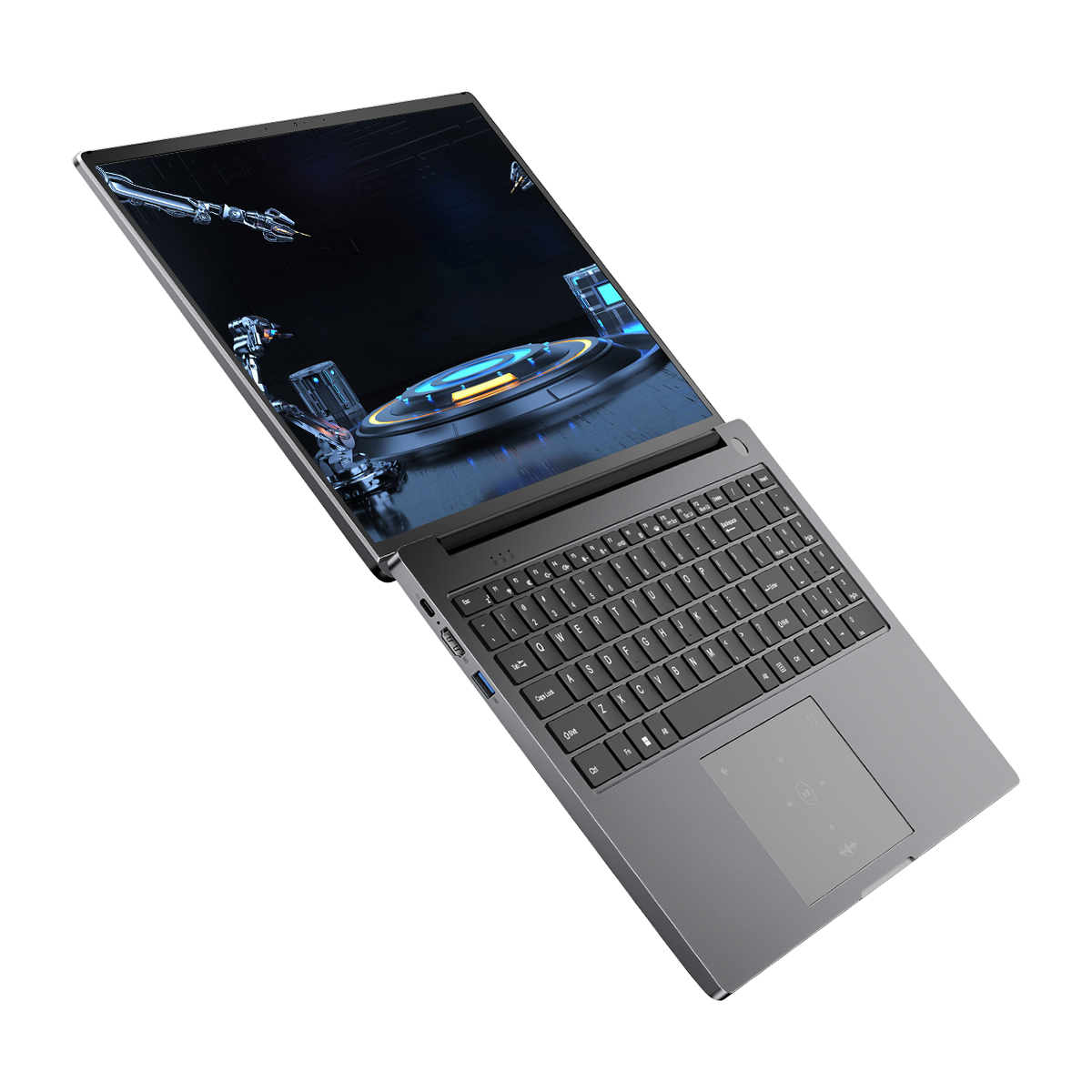 Portátil con cuerpo gris oscuro, abierto y mostrando una imagen relacionada con la tecnología en la pantalla.