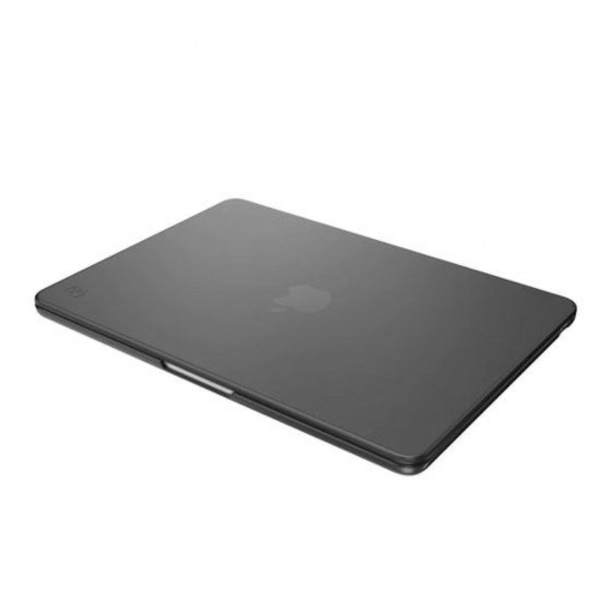 Laptop grigio chiuso con logo Apple su sfondo bianco.
