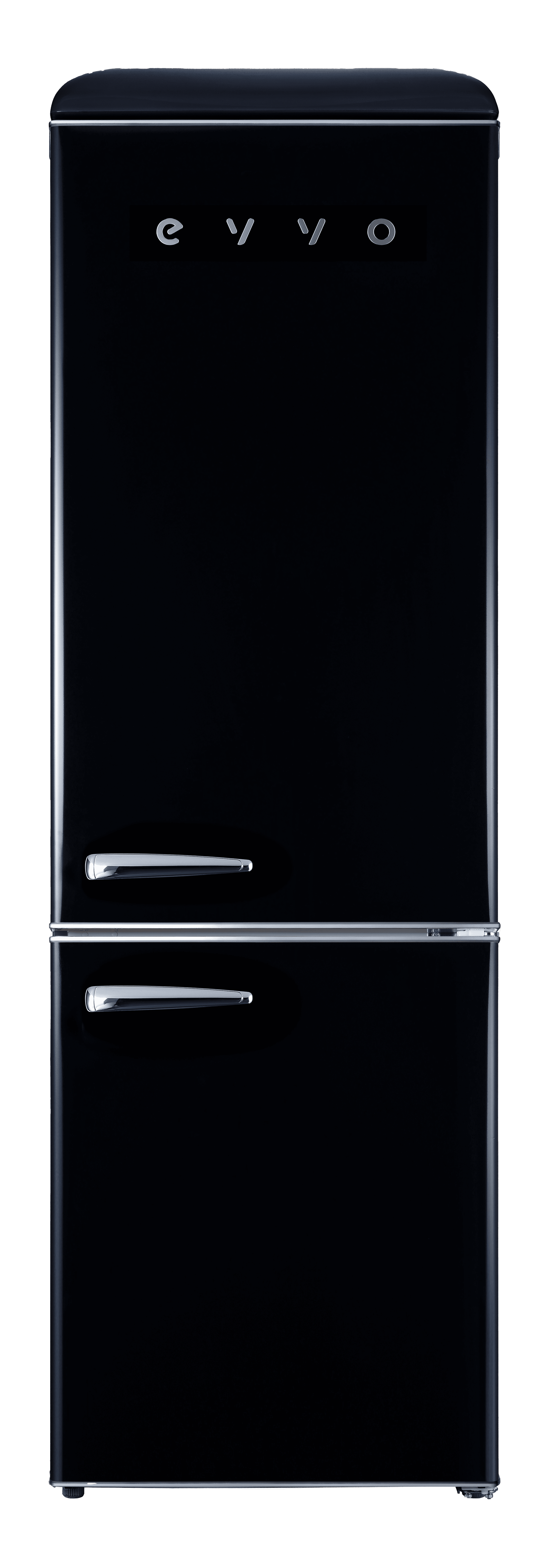 Refrigerador negro con dos puertas sobre fondo blanco.